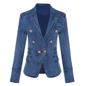 HIGH QUALITY New Fashion 2018 Designer Blazer Women's Metal Lion Buttons Double Breasted Denim Blazer Jacket Outer Coat