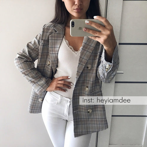 Casual Plaid Women Blazer Jacket Notched Collar Double Breasted Female Suit Coat Fashion Outerwear blaser femme Jacket