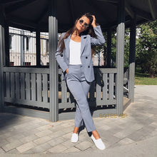 Load image into Gallery viewer, Work Pant Suits OL 2 Piece Sets Double Breasted Striped Blazer Jacket &amp; Zipper Trousers Suit For Women Set Feminino Spring