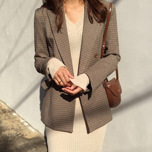 Vintage Double Breasted Office Ladies Plaid Blazer Long Sleeve Loose Houndstooth Suit Coat Jacket Women blazers Female 2019