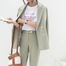 Load image into Gallery viewer, Vintage Double Breasted Women Pant Suit Light Green Notched Blazer Jacket &amp; High Waist Pant 2019 Spring Office Wear Women Suits