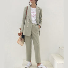 Load image into Gallery viewer, Vintage Double Breasted Women Pant Suit Light Green Notched Blazer Jacket &amp; High Waist Pant 2019 Spring Office Wear Women Suits