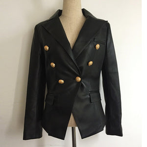 Newest Fall Winter 2019 Designer Blazer Jacket Women's Lion Metal Buttons Double Breasted Synthetic Leather Blazer Overcoat