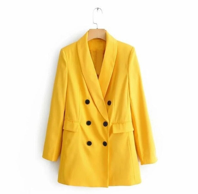 2019 Women Double Breasted Long Blazers Office Lady Small Suit Jacket Ladies Leisure Yellow Blazer Loose Coat Streetwear