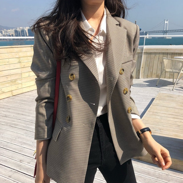 BGTEEVER Classic Plaid Double Breasted Women Jacket Blazer Notched Collar Female Suits Coat Fashion Houndstooth 2019 Spring