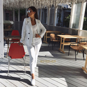 Work Pant Suits OL 2 Piece Sets Double Breasted Striped Blazer Jacket & Zipper Trousers Suit For Women Set Feminino Spring