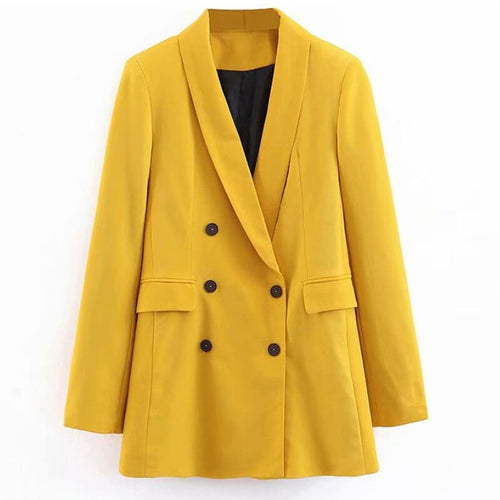 2019 Women Double Breasted Long Blazers Office Lady Small Suit Jacket Ladies Leisure Yellow Blazer Loose Coat Streetwear