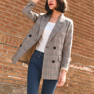 Vintage Bouble Breasted Plaid Women Blazer Pockets Jackets Female Retro Suits Coat Feminino blazers Outerwear high quality