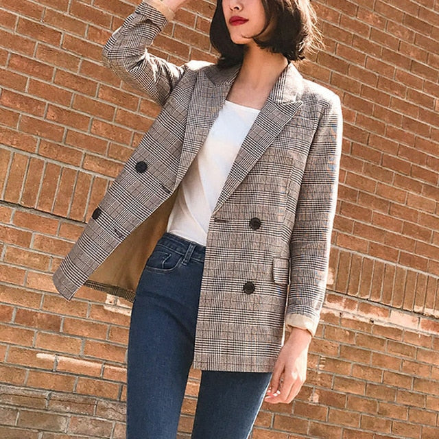 Vintage Bouble Breasted Plaid Women Blazer Pockets Jackets Female Retro Suits Coat Feminino blazers Outerwear high quality